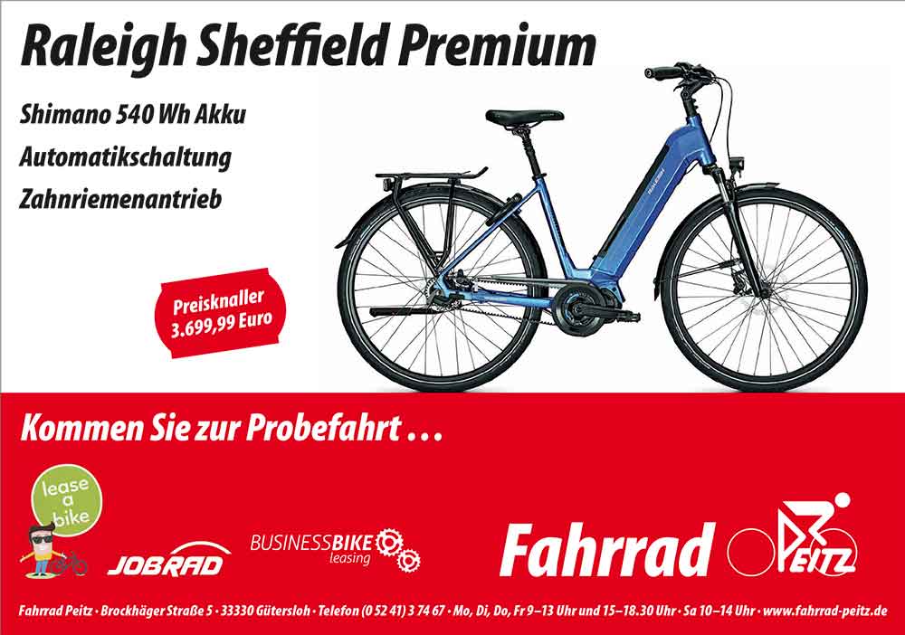 Anzeige: E-Bike Raleigh Sheffield Premium bei Fahrrad Peitz in Gütersloh im Juni und Juli 2021