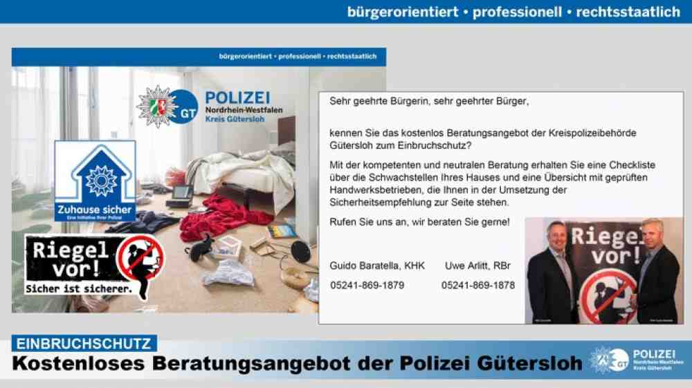 Polizei Gütersloh: Riegel vor! Sicher ist sicherer! Bei verdächtigen Beobachtungen: 110 wählen!