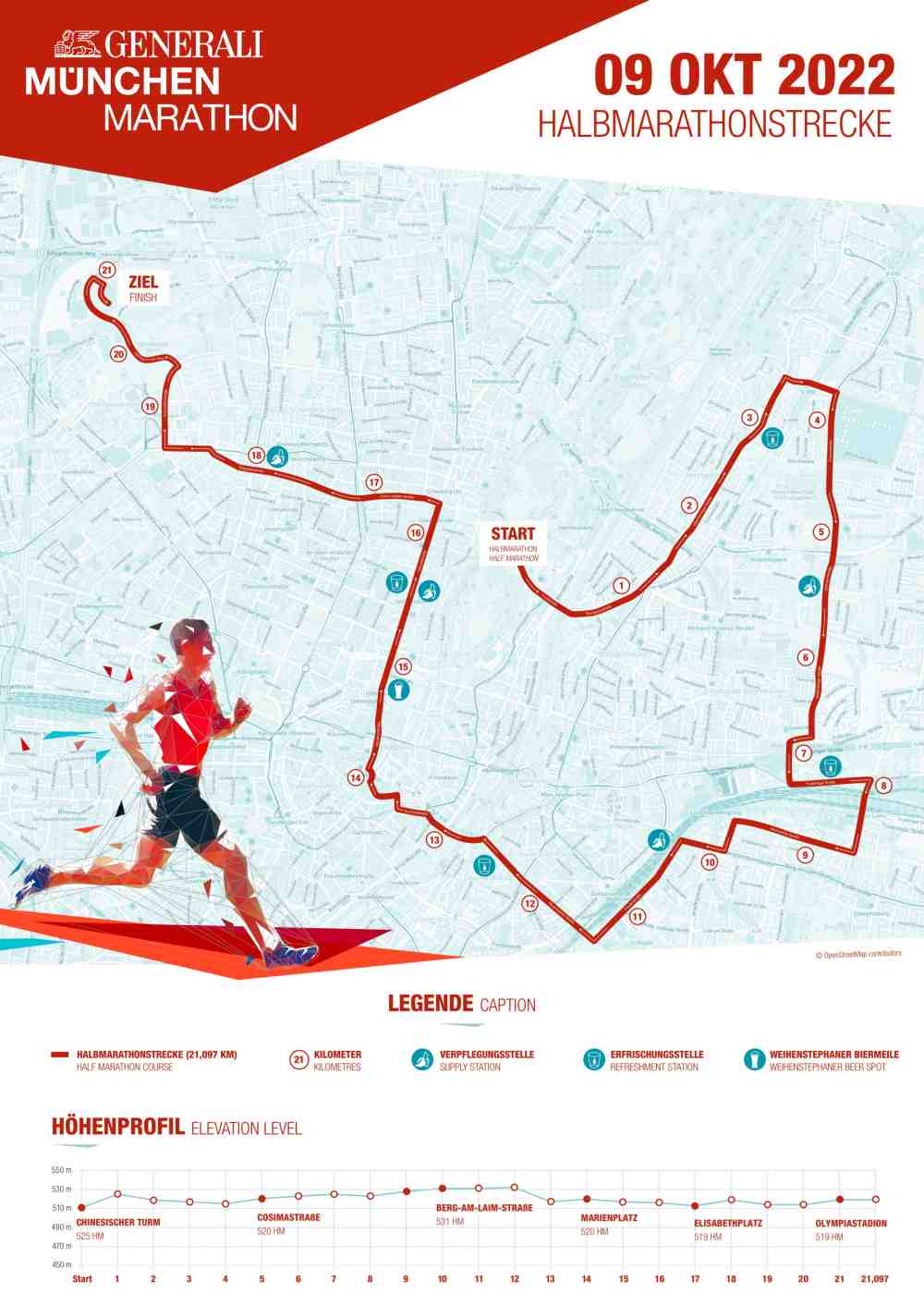 Informationen zur Halbmarathonstrecke beim Generali München Marathon 2022