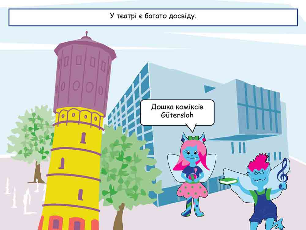 Gütersloh, spielerische Stadterkundung jetzt auch auf Ukrainisch, Comic Board mit Kulturi und Kulturella