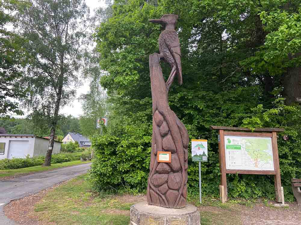 Aufstellung der Tier Skulpturen aus der Arbeitstherapie »Holz« der LWL Einrichtungen Marsberg auf dem Walderlebnispfad Meerhof