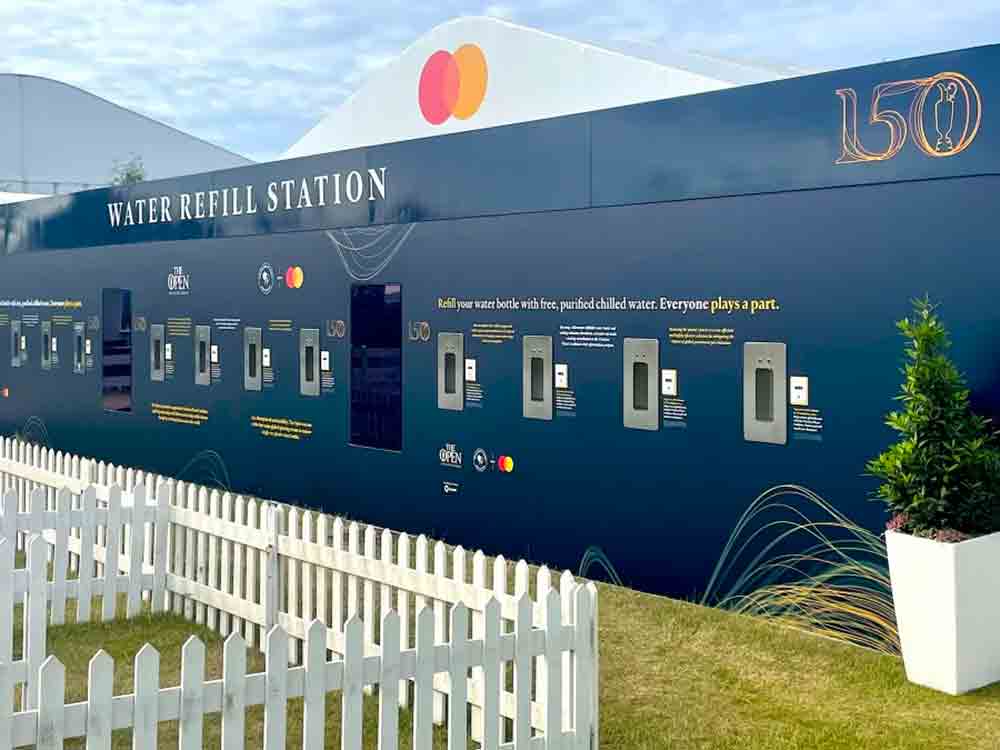 The world’s largest water station launched by Bluewater at the 150th Open In St. Andrews, Scotland, able to fill over 12,000 500 ml refillable bottles every day