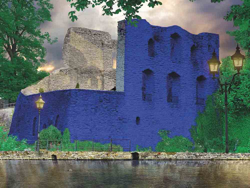 Bad Lippspringe, Blaue Burg als spektakulärer Auftakt, Start für die Reihe Aqua Viva 2023 mit dem renommierten Aktionskünstler HA Schult