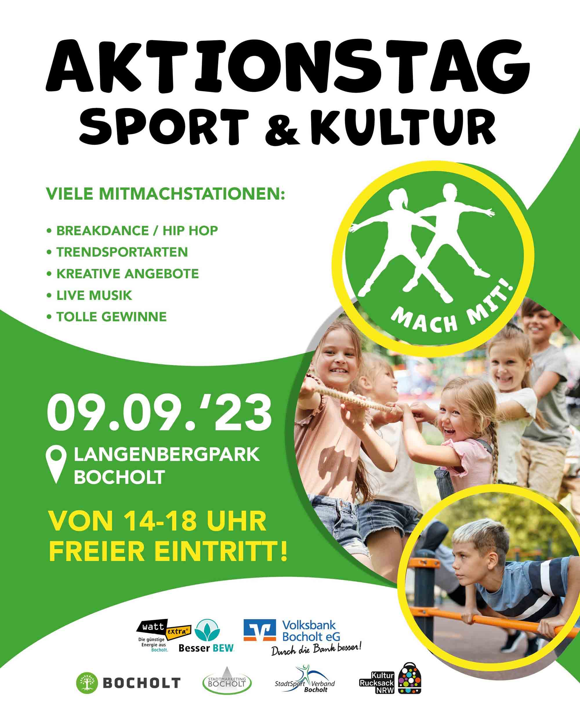 Bocholt: großer Aktionstag Sport und Kultur am 9. September 2023 im Langenbergpark