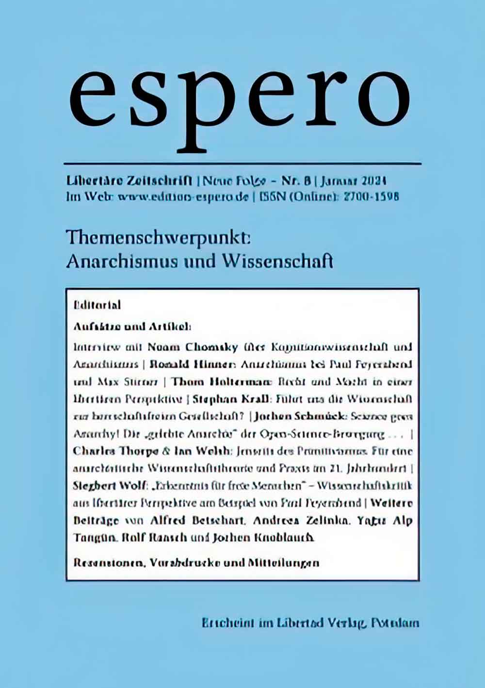 »Espero«, Nummer 8 – die neue Winterausgabe 2023/24 – Anarchismus und Wissenschaft