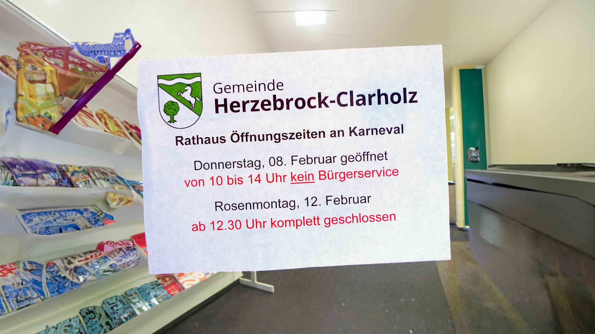 Rathaus Herzebrock Clarholz Rosenmontag 2024 ab mittags geschlossen